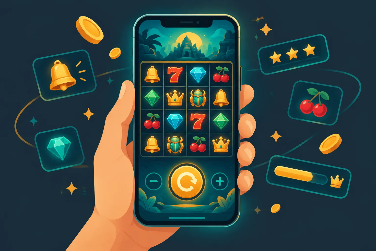 Ilustración conceptual de una slot en la pantalla de un teléfono móvil sobre fondo oscuro.