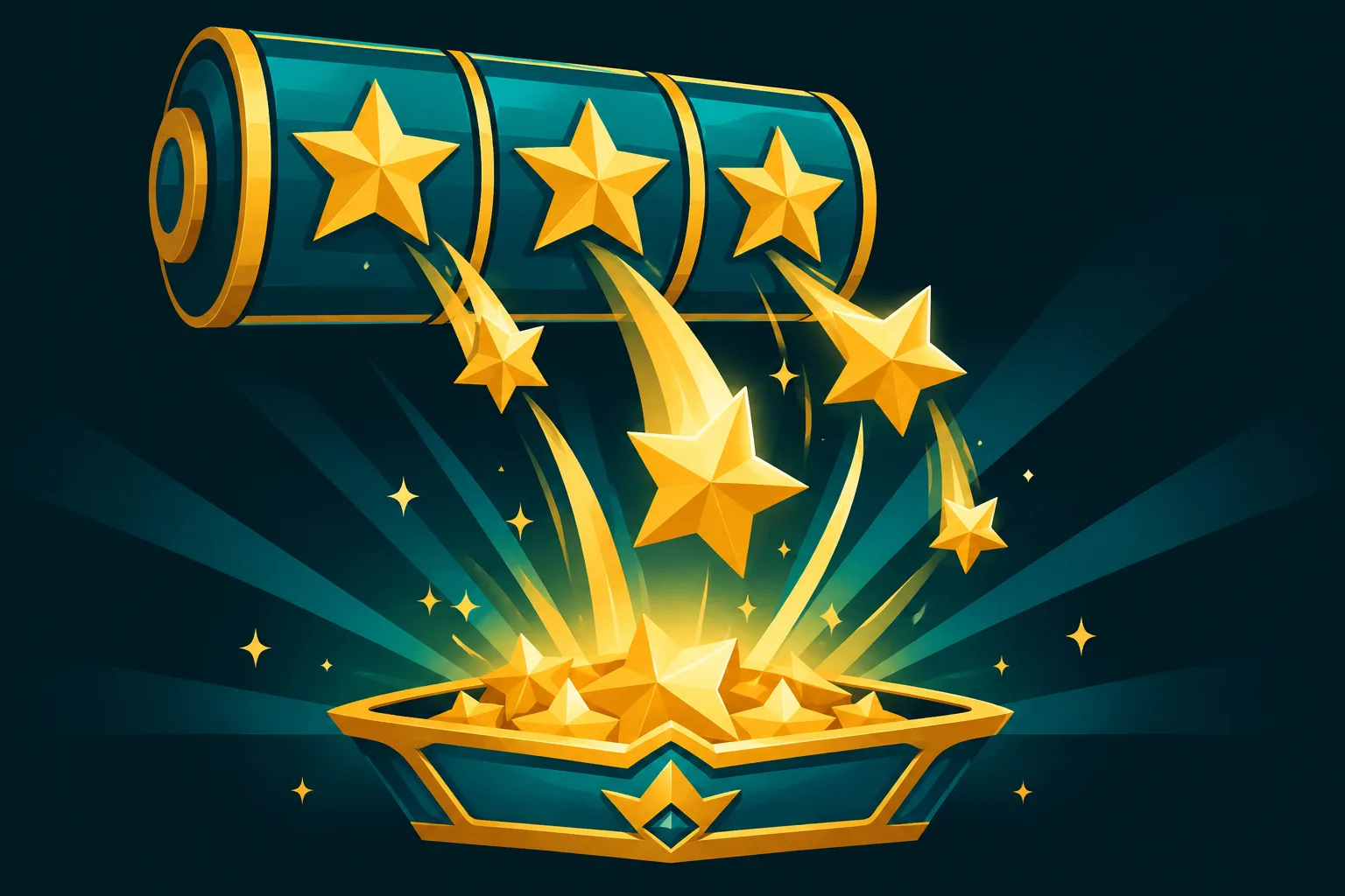 Ilustración conceptual de un rodillo de slot con estrellas que se desprenden hacia una bandeja de premio.