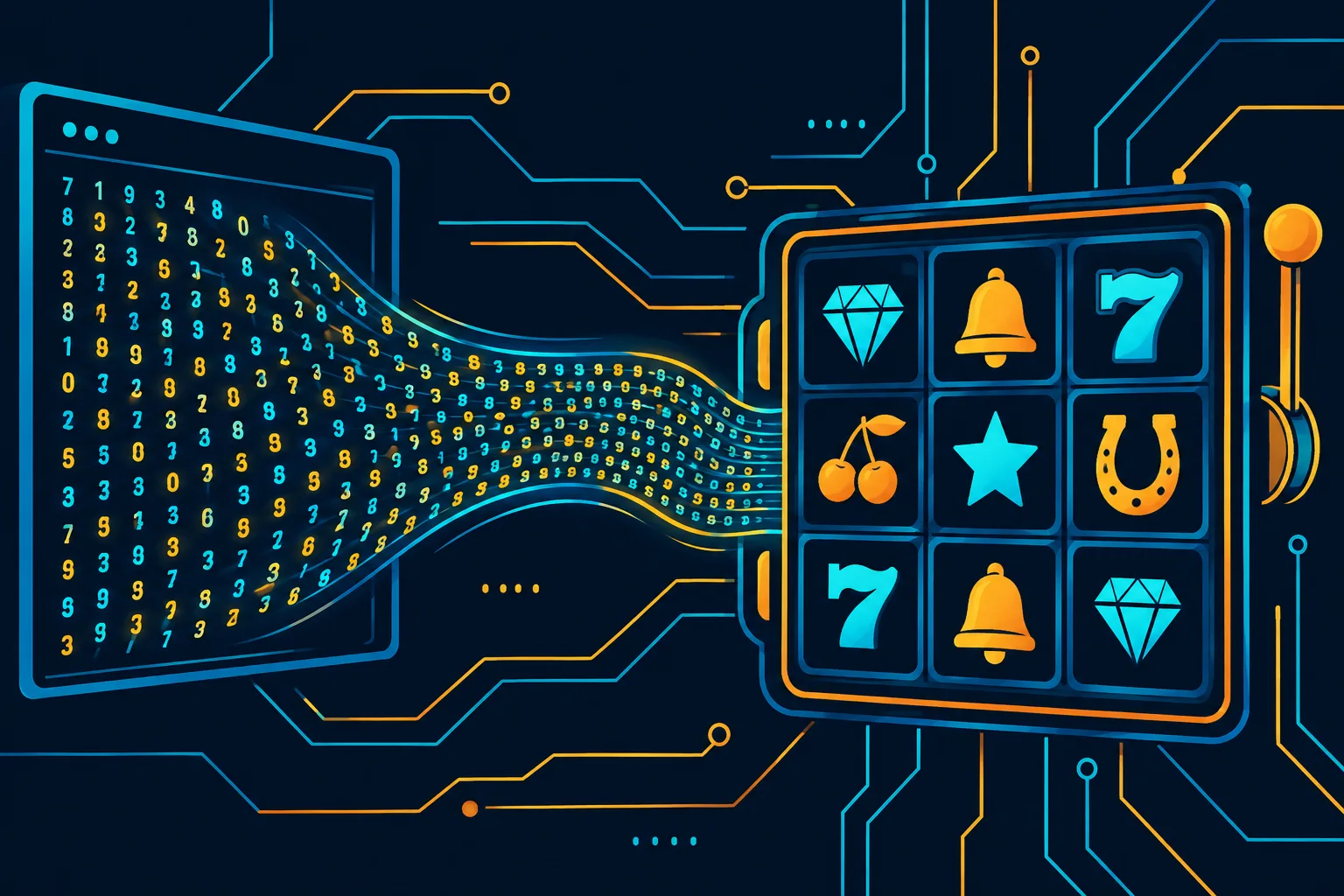 Ilustración conceptual de una pantalla de terminal con números que fluyen hacia una cuadrícula de símbolos.