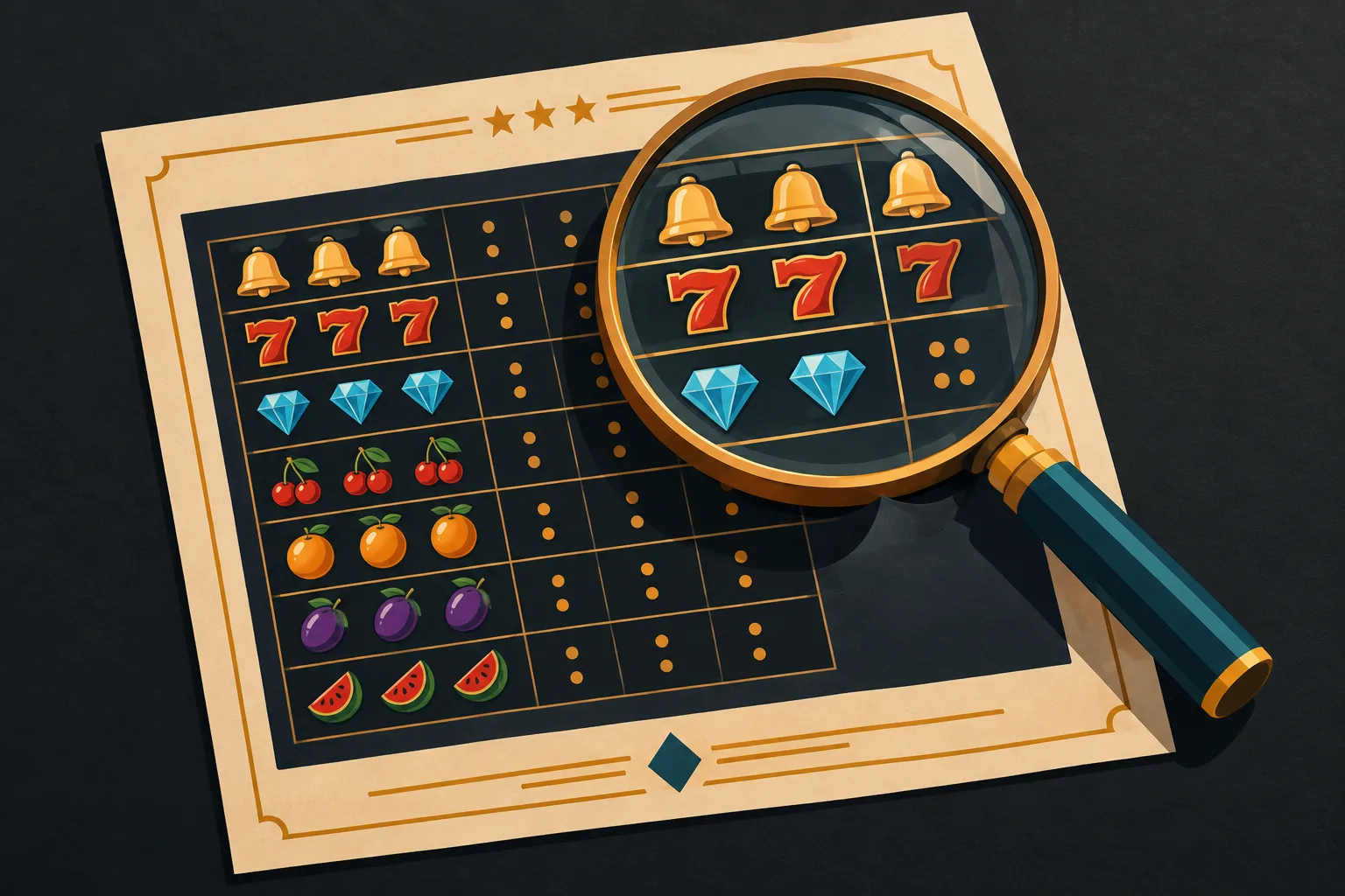 Ilustración conceptual de una tabla impresa con símbolos de slot y columnas de valores.