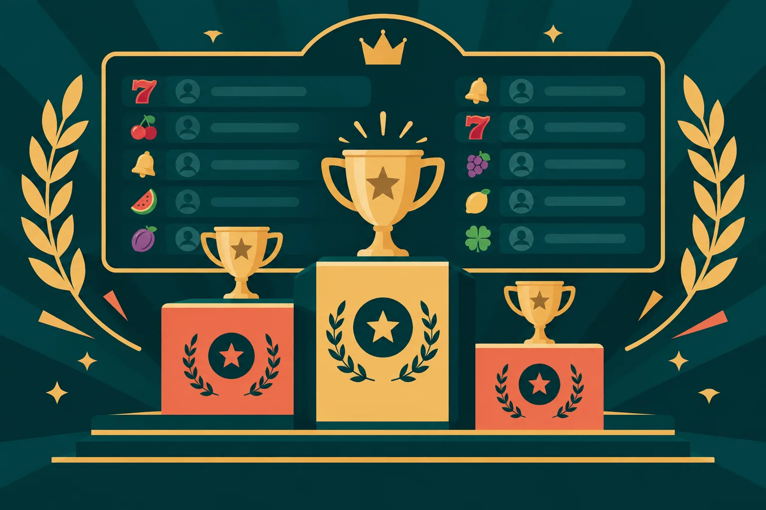 Ilustración conceptual de un marcador de torneo con nombres y puntuaciones sobre una fila de slots.